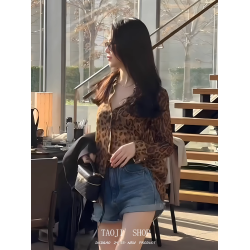 歐貨豹紋長袖防曬襯衫女春夏薄款寬鬆雪紡衫設計感復古氣質小上衣