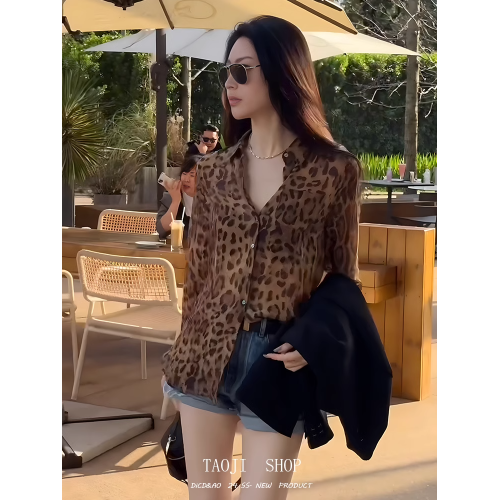 歐貨豹紋長袖防曬襯衫女春夏薄款寬鬆雪紡衫設計感復古氣質小上衣