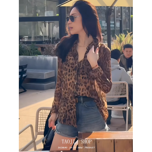 歐貨豹紋長袖防曬襯衫女春夏薄款寬鬆雪紡衫設計感復古氣質小上衣