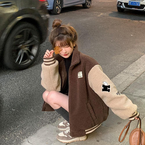 秋冬季小個子休閒棒球服外套女羊羔毛加絨加厚慵懶風寬鬆百搭棉衣