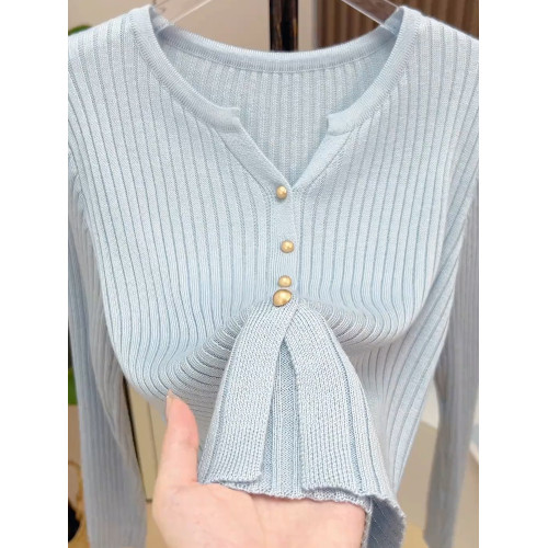 2026秋季新品藍色針織衫長袖上衣女時尚洋氣減齡高級感顯瘦上衣