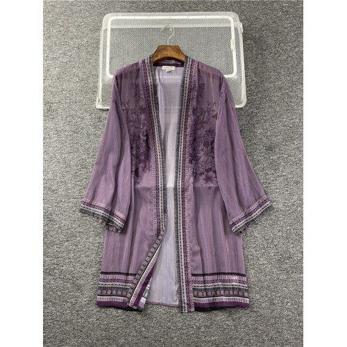  春夏季時尚百搭大碼金絲線印花圖紋無釦中長款雪紡外披