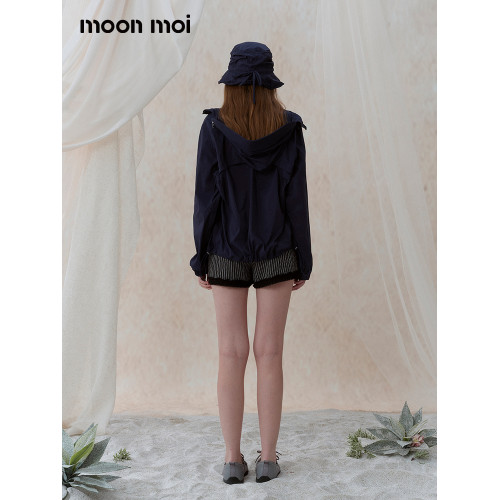 Moonmoi｜藍之戀曲 寬鬆輕薄柔軟拉鍊防/曬連帽短外套+漁夫帽