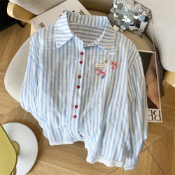 專櫃撤廻剪標韓系POLO領藍色條紋襯衫女春季新款洋氣百搭休閒上衣