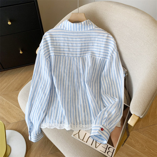 專櫃撤廻剪標韓系POLO領藍色條紋襯衫女春季新款洋氣百搭休閒上衣