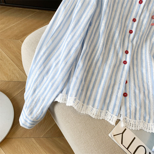 專櫃撤廻剪標韓系POLO領藍色條紋襯衫女春季新款洋氣百搭休閒上衣