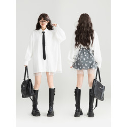 KEIKO [刺綉蝴蝶紗] 拼接白色長袖襯衫26春季法式別致泡泡袖上衣