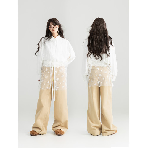 KEIKO [刺綉蝴蝶紗] 拼接白色長袖襯衫26春季法式別致泡泡袖上衣