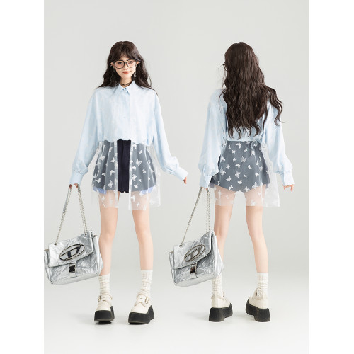 KEIKO [刺綉蝴蝶紗] 拼接白色長袖襯衫26春季法式別致泡泡袖上衣