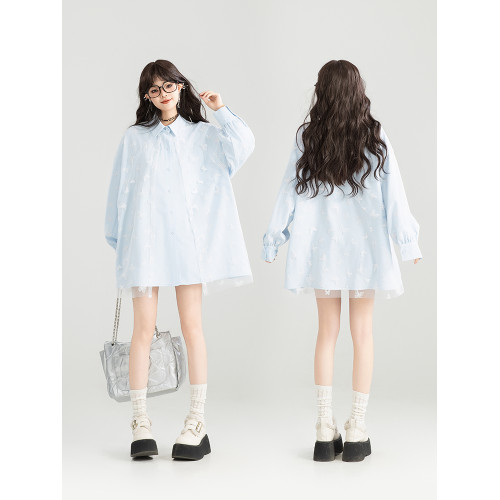 KEIKO [刺綉蝴蝶紗] 拼接白色長袖襯衫26春季法式別致泡泡袖上衣