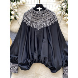 法式宮廷風襯衫女高級洋氣重工釘珠亮片寬鬆顯瘦蝙蝠袖緞面上衣女