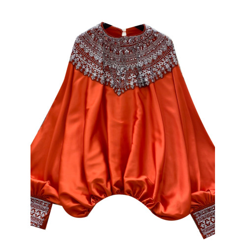 法式宮廷風襯衫女高級洋氣重工釘珠亮片寬鬆顯瘦蝙蝠袖緞面上衣女