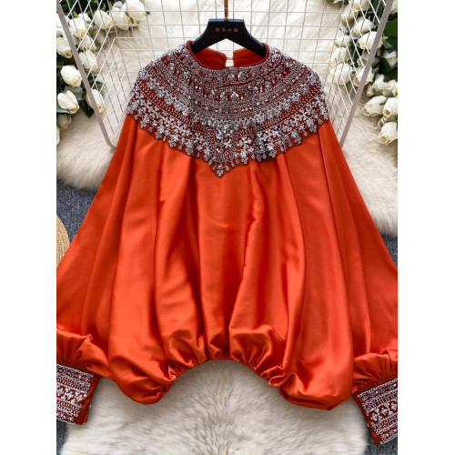 法式宮廷風襯衫女高級洋氣重工釘珠亮片寬鬆顯瘦蝙蝠袖緞面上衣女