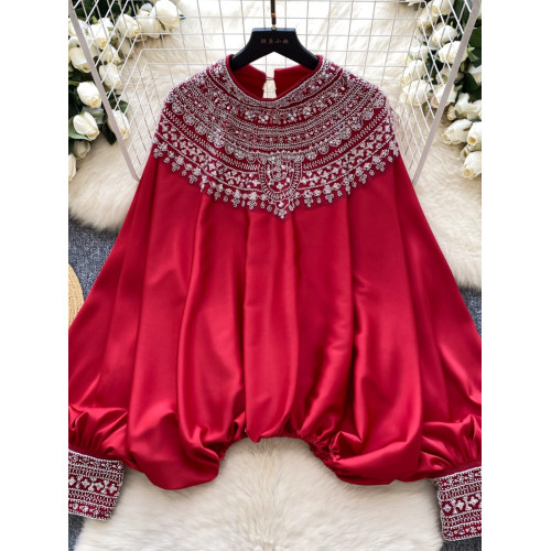 法式宮廷風襯衫女高級洋氣重工釘珠亮片寬鬆顯瘦蝙蝠袖緞面上衣女