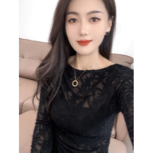 法式圓領微透刺綉提花長袖T恤女秋季2025新款性感修身顯瘦打底衫