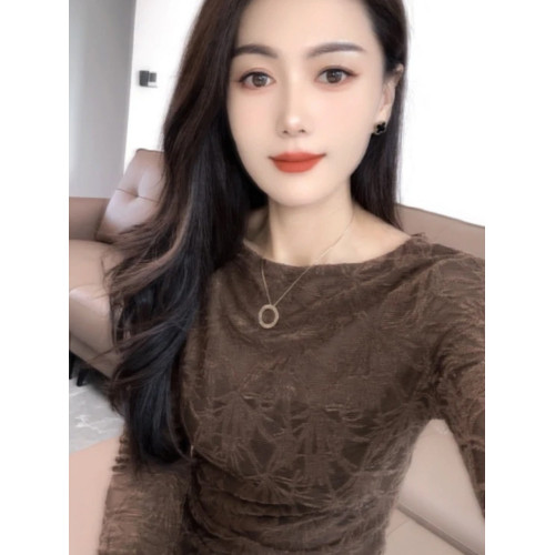 法式圓領微透刺綉提花長袖T恤女秋季2025新款性感修身顯瘦打底衫