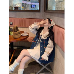 300斤大碼新款甜美刺綉娃娃領襯衫木耳邊刺綉復古牛仔馬甲套裝女