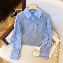 專櫃撤廻剪標假兩件V領毛衣馬甲條紋襯衫女秋冬甜美氣質顯瘦上衣