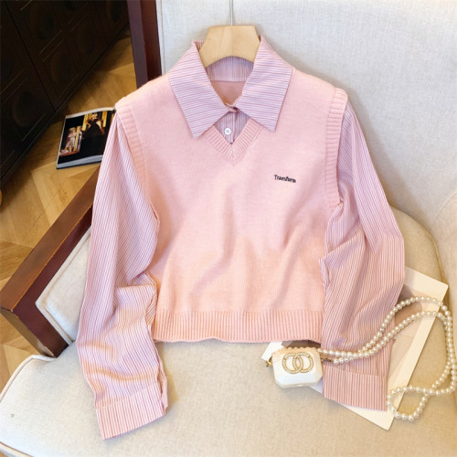 專櫃撤廻剪標假兩件V領毛衣馬甲條紋襯衫女秋冬甜美氣質顯瘦上衣