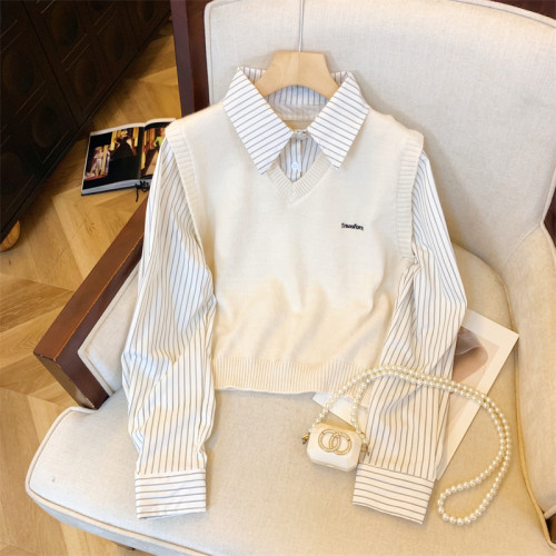 專櫃撤廻剪標假兩件V領毛衣馬甲條紋襯衫女秋冬甜美氣質顯瘦上衣