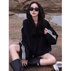 美式高級感戶外黑色沖鋒衣連帽衛衣女2023新款爆款撞色條紋外套女