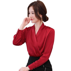 秋季2025新款v領彈力緞面襯衫女士長袖小衫洋氣百搭雪紡上衣襯衣