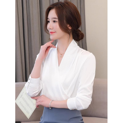 秋季2025新款v領彈力緞面襯衫女士長袖小衫洋氣百搭雪紡上衣襯衣