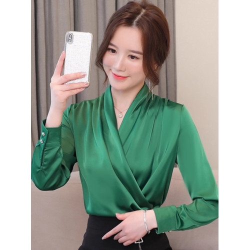 秋季2025新款v領彈力緞面襯衫女士長袖小衫洋氣百搭雪紡上衣襯衣