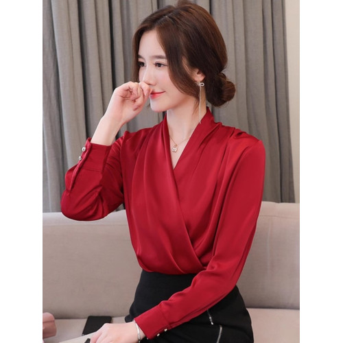 秋季2025新款v領彈力緞面襯衫女士長袖小衫洋氣百搭雪紡上衣襯衣