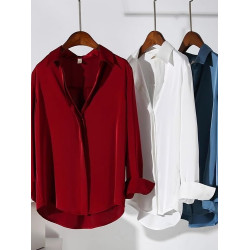 高級感紅色緞面襯衫女長袖通勤文藝氣質上衣新款抗皺免燙醋酸襯衣