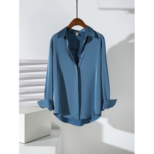 高級感紅色緞面襯衫女長袖通勤文藝氣質上衣新款抗皺免燙醋酸襯衣