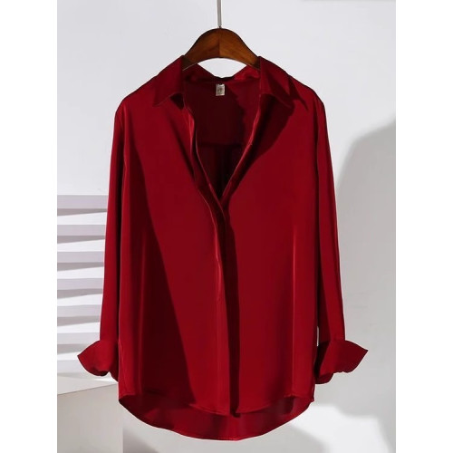 高級感紅色緞面襯衫女長袖通勤文藝氣質上衣新款抗皺免燙醋酸襯衣