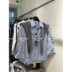 韓國東大門秋季新款復古氣質韓系長袖襯衫搭配針織披肩兩件套上衣