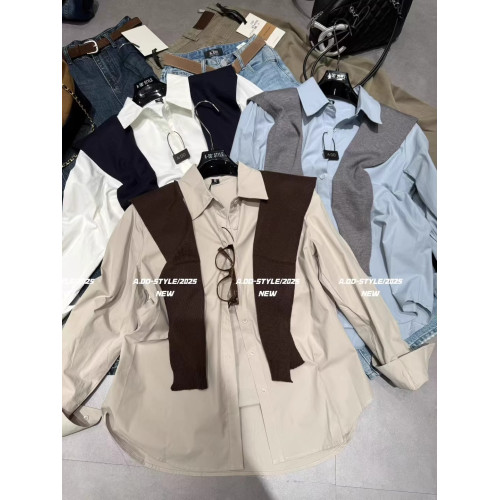 韓國東大門秋季新款復古氣質韓系長袖襯衫搭配針織披肩兩件套上衣