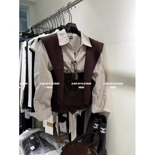 韓國東大門秋季新款復古氣質韓系長袖襯衫搭配針織披肩兩件套上衣