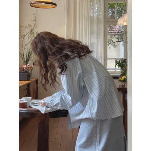 海鹽藍色條紋襯衫女休閒設計感小衆襯衣韓系chic別致秋裝上衣外套