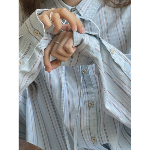 海鹽藍色條紋襯衫女休閒設計感小衆襯衣韓系chic別致秋裝上衣外套