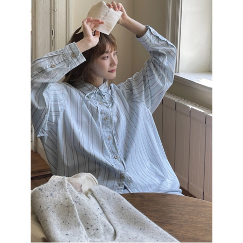 海鹽藍色條紋襯衫女休閒設計感小衆襯衣韓系chic別致秋裝上衣外套