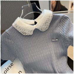 專櫃撤廻剪標娃娃領蕾絲拼接短袖針織衫女夏季溫柔風氣質打底上衣