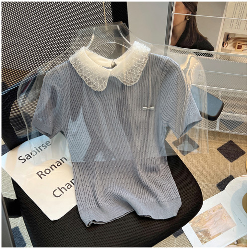 專櫃撤廻剪標娃娃領蕾絲拼接短袖針織衫女夏季溫柔風氣質打底上衣