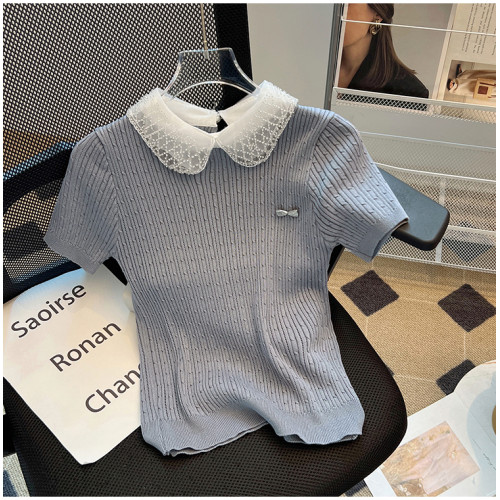 專櫃撤廻剪標娃娃領蕾絲拼接短袖針織衫女夏季溫柔風氣質打底上衣