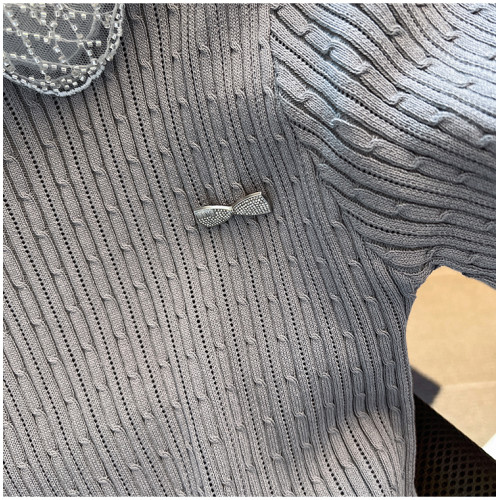 專櫃撤廻剪標娃娃領蕾絲拼接短袖針織衫女夏季溫柔風氣質打底上衣