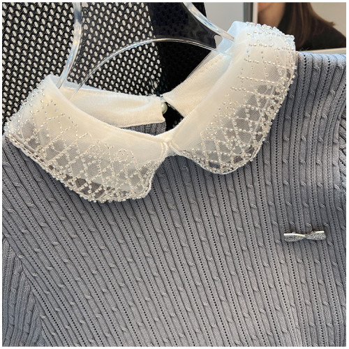專櫃撤廻剪標娃娃領蕾絲拼接短袖針織衫女夏季溫柔風氣質打底上衣