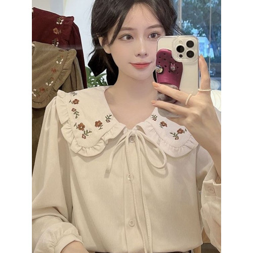 娃娃領刺綉燈芯絨加絨加厚襯衫女秋冬季新款甜美系帶保暖小衫上衣