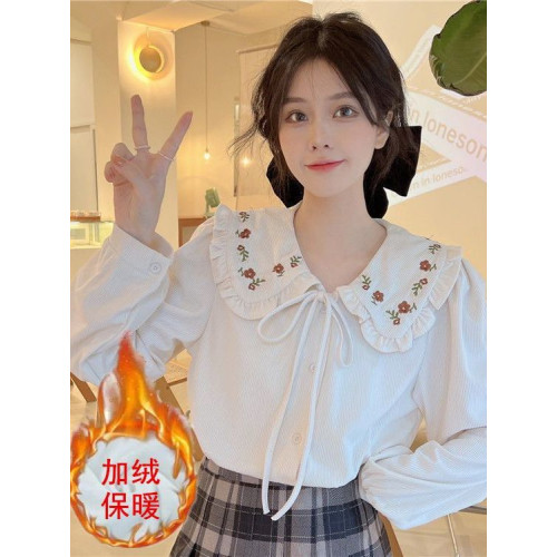 娃娃領刺綉燈芯絨加絨加厚襯衫女秋冬季新款甜美系帶保暖小衫上衣