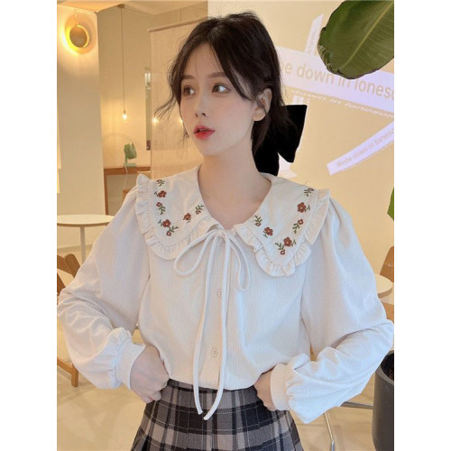 娃娃領刺綉燈芯絨加絨加厚襯衫女秋冬季新款甜美系帶保暖小衫上衣