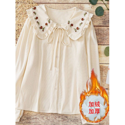 娃娃領刺綉燈芯絨加絨加厚襯衫女秋冬季新款甜美系帶保暖小衫上衣