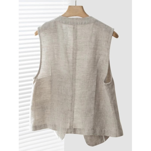 日韓出口剪標無袖亞麻V領西裝馬甲復古文藝百搭時髦外套上衣