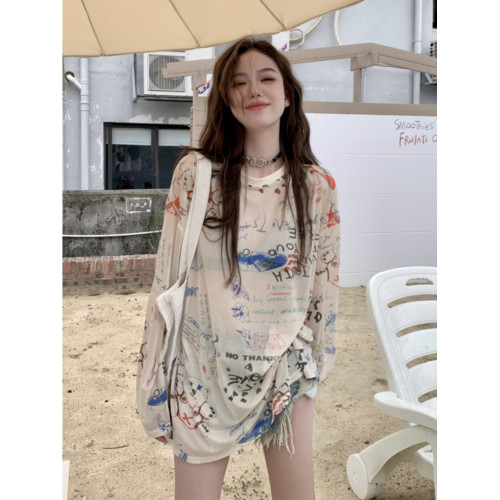 微透寬鬆網紗透氣塗鴉嘻哈上衣女薄款長袖t恤百搭減齡印花防曬衫 微透寬鬆網紗透氣塗鴉嘻哈上衣女薄款長袖t恤百搭減齡印花防曬衫