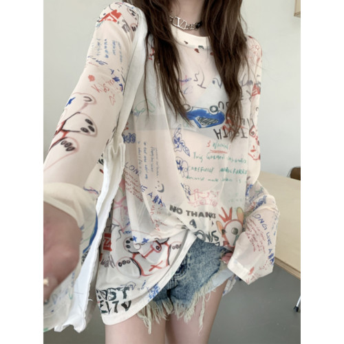 微透寬鬆網紗透氣塗鴉嘻哈上衣女薄款長袖t恤百搭減齡印花防曬衫 微透寬鬆網紗透氣塗鴉嘻哈上衣女薄款長袖t恤百搭減齡印花防曬衫